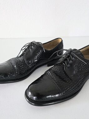 Men's Black Miguel Angel Genuine Crocodile Woven Leather Oxford Shoes, 10.5 M